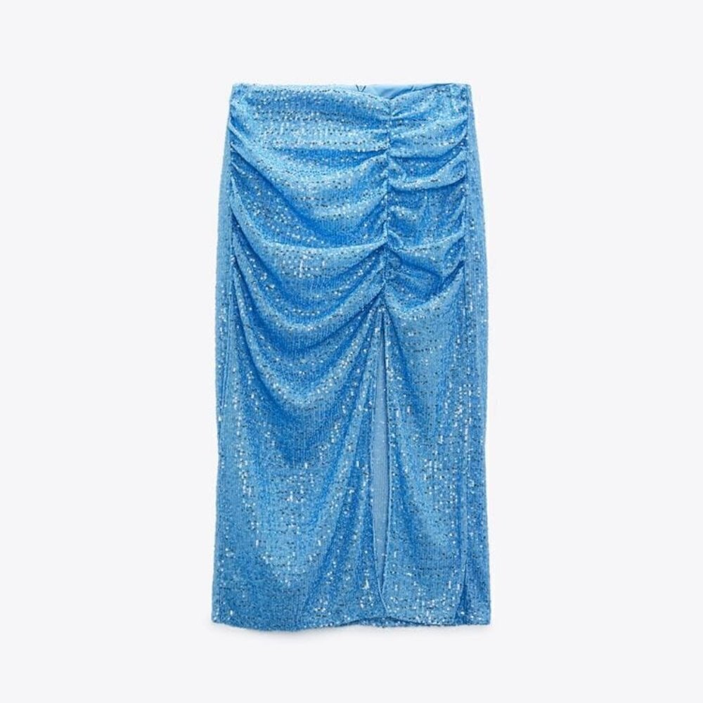 ZARA SEQUIN MIDI SKIRT BLUE SIZE| 7969/051/400